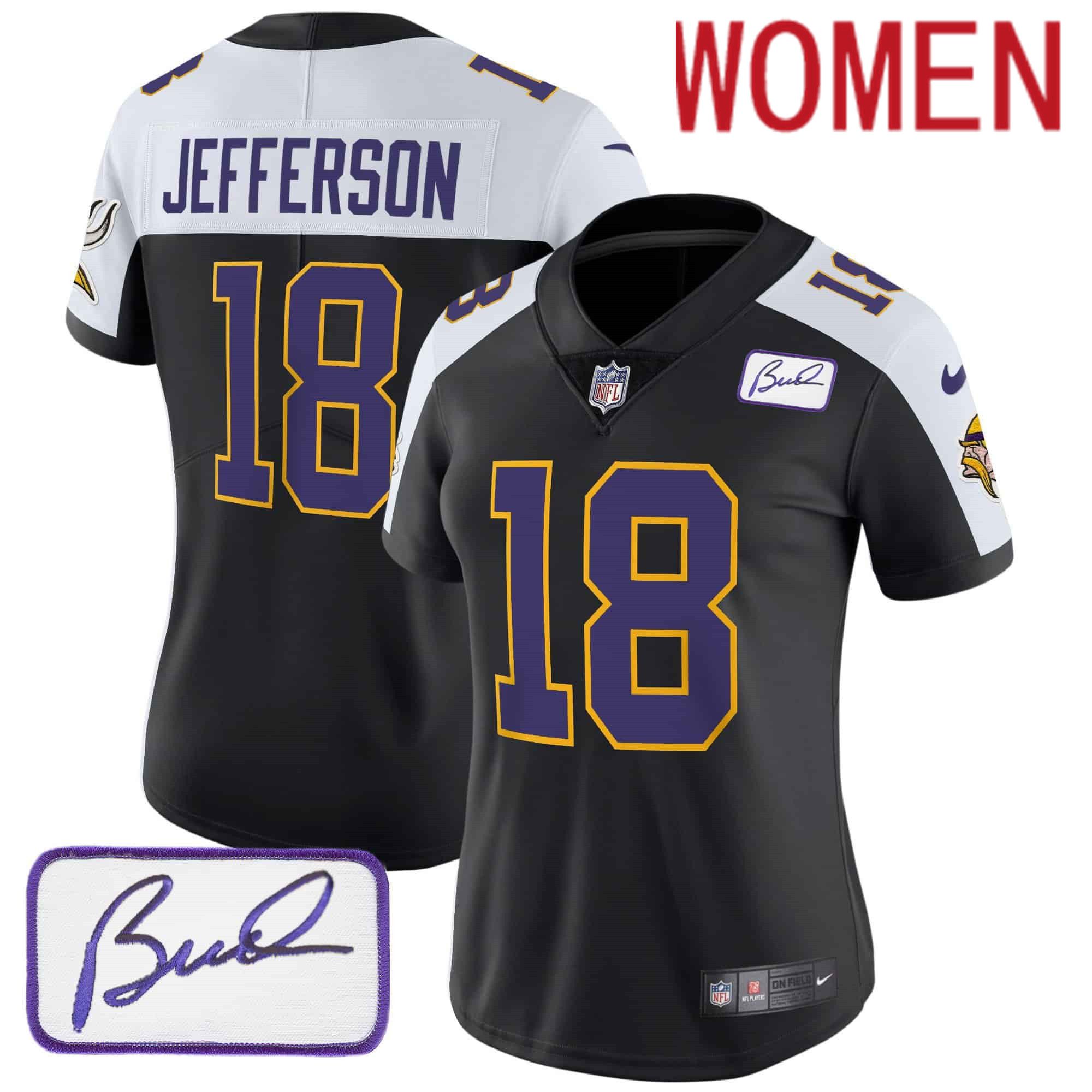 Women Minnesota Vikings #18 Jefferson Black 2024 Nike Bud Grant Patch Classic Limited NFL Jersey style 1
